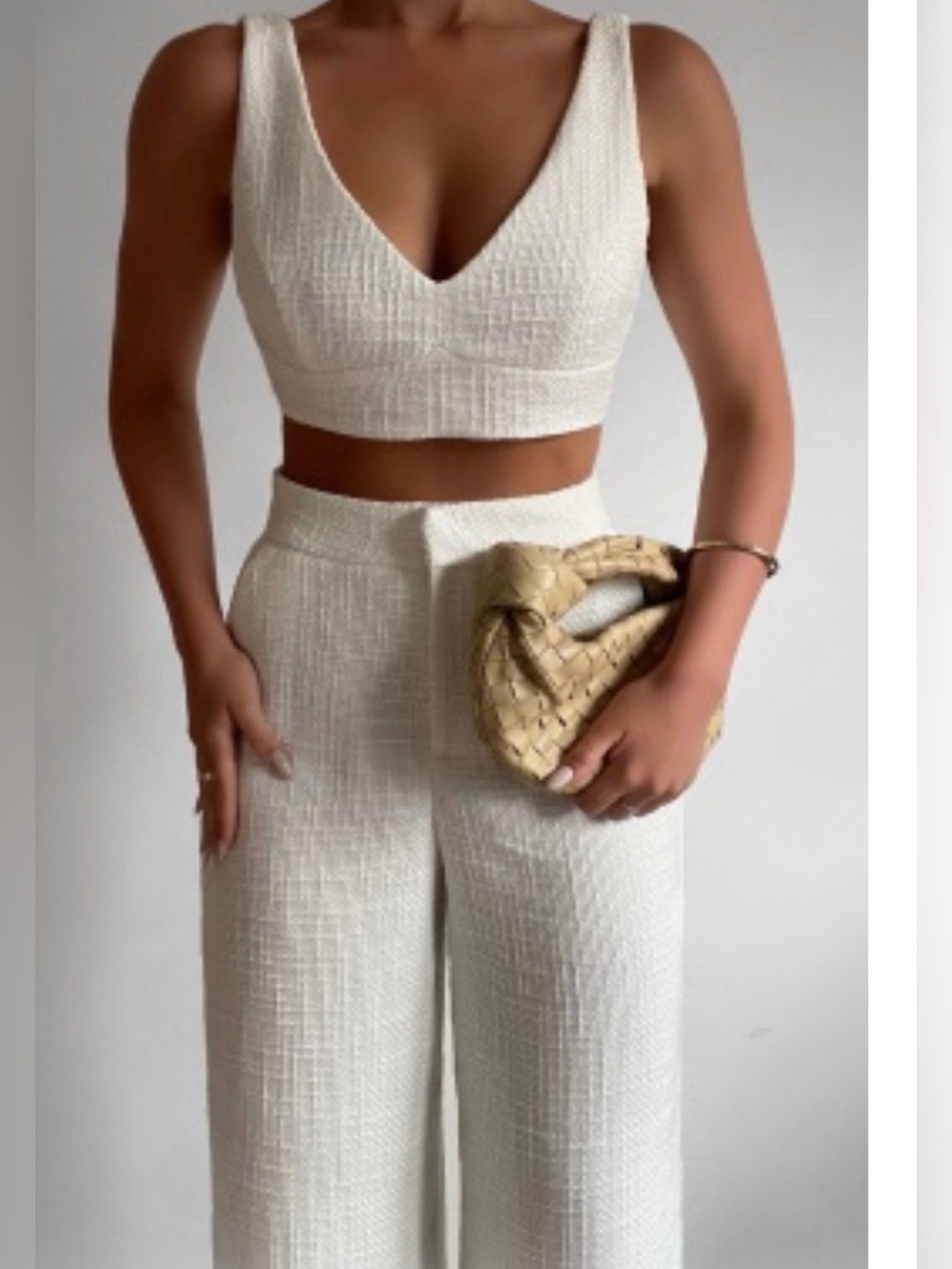 Showpo Women's Cream Wide-Leg Textured Pant Set